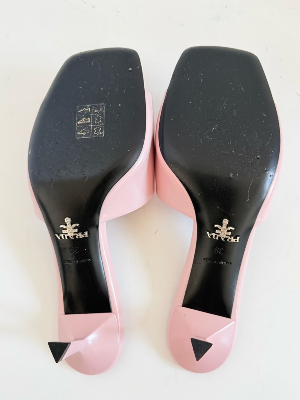 Prada Pink Rosette Triangle logo Square Toe slide Mule kitten Heels EU 39 US 9 - Picture 7 of 13